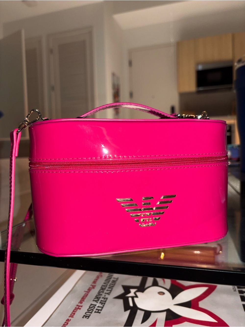 Emporio Armani Hot Pink Patent Leather Vanity Case with Gold Logo